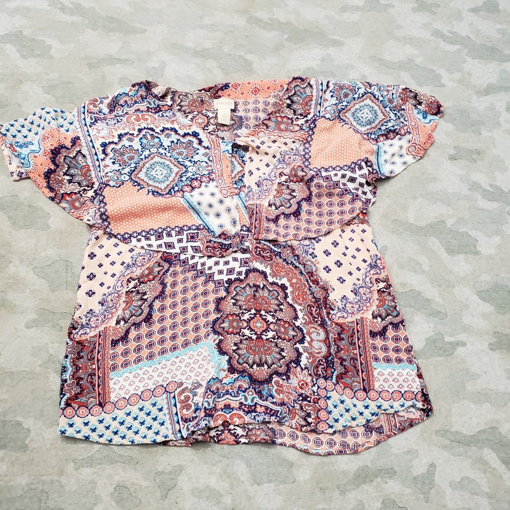 Chico's Blouse Top Women 1 Blue Paisley Patchwork Ruffle Short Sleeve